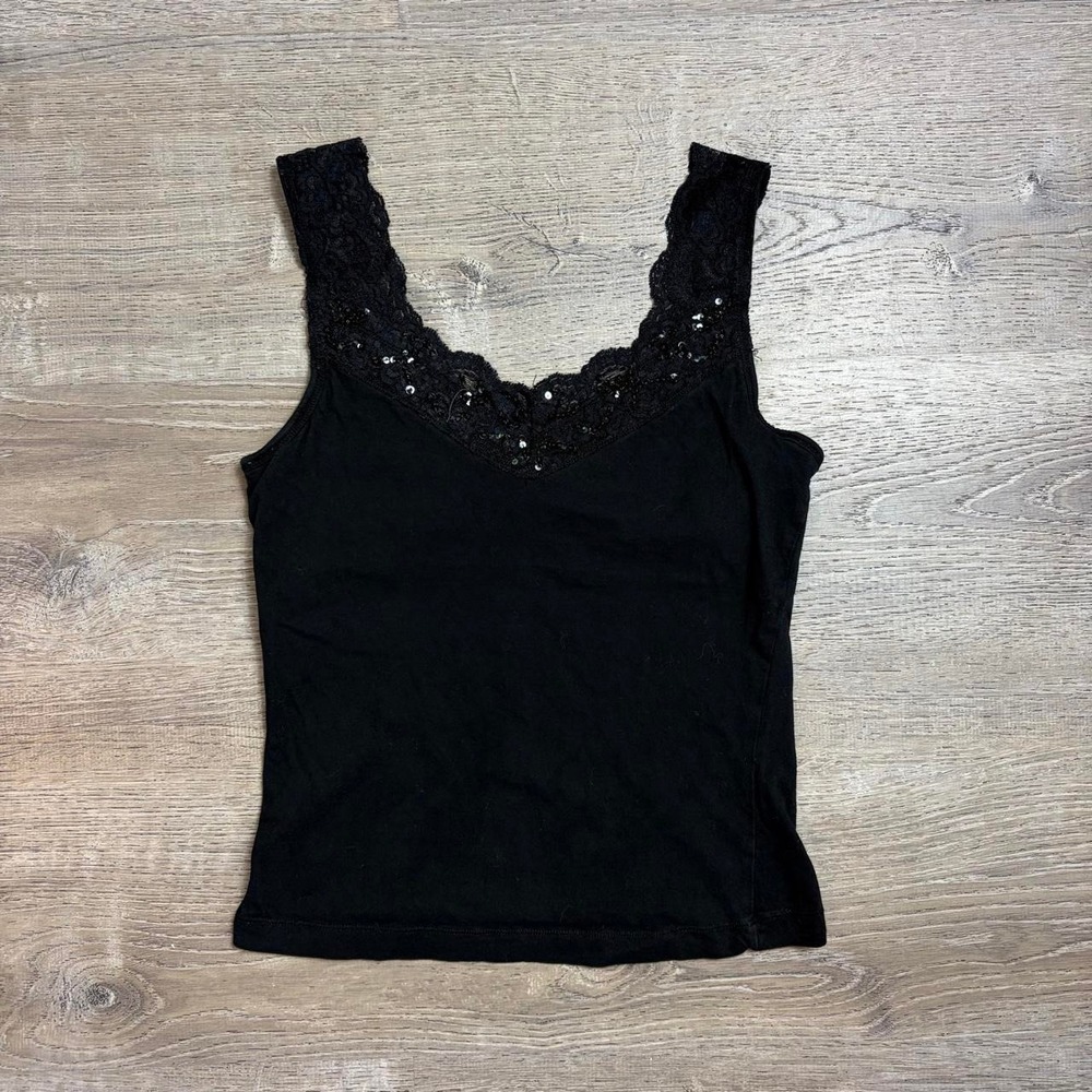 VTG Y2K Self Esteem Black lace tank top sequin beaded details women's large